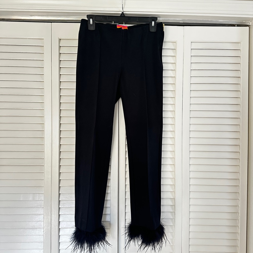 Vilagallo cropped ponte pants with detachable feather trim. 42
